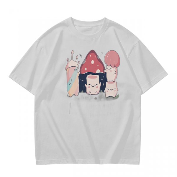 Olive Green T-Shirt With Cute Mushroom Creature Graphic