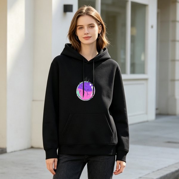 Black hoodie with sleeping cats in a bubble graphic