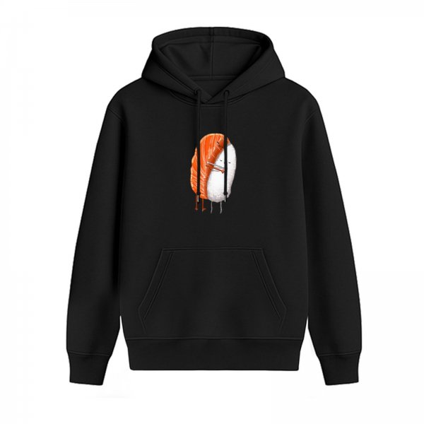Black hoodie with cute hugging salmon sushi rice character print