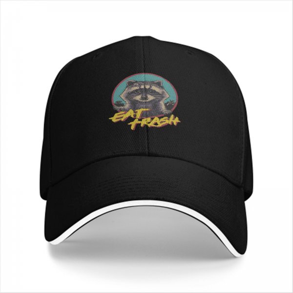 Black baseball cap with raccoon graphic and 'Eat Trash' text