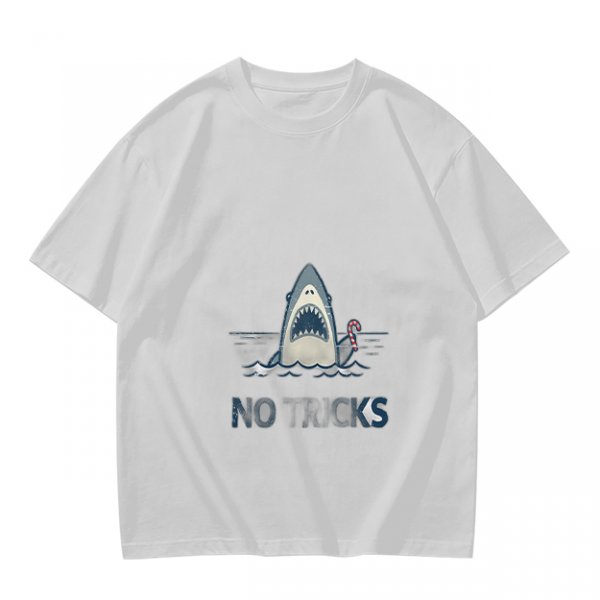 Olive T-shirt with Shark Holding Candy Cane and No Tricks Text