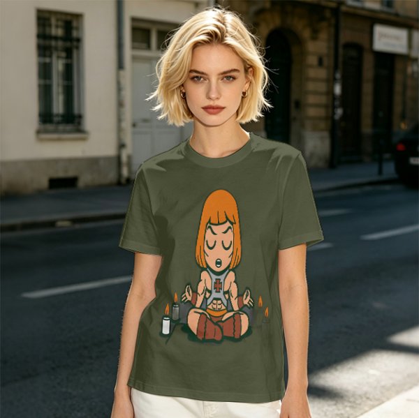 Olive T-shirt with cartoon muscular character meditating surrounded by candles