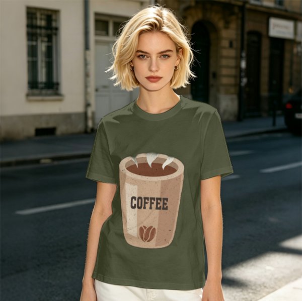 Olive Green T-Shirt With Coffee Cup Graphic Print