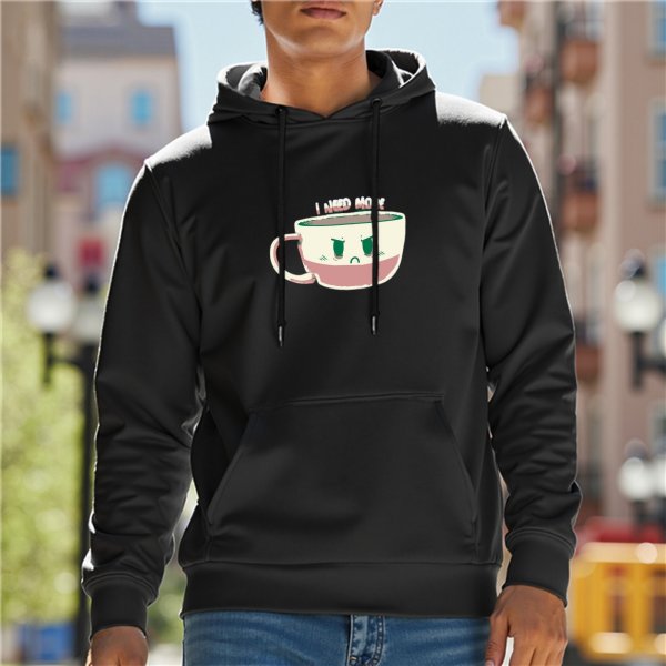 Black hoodie with angry coffee cup graphic and 'I NEED MORE' text