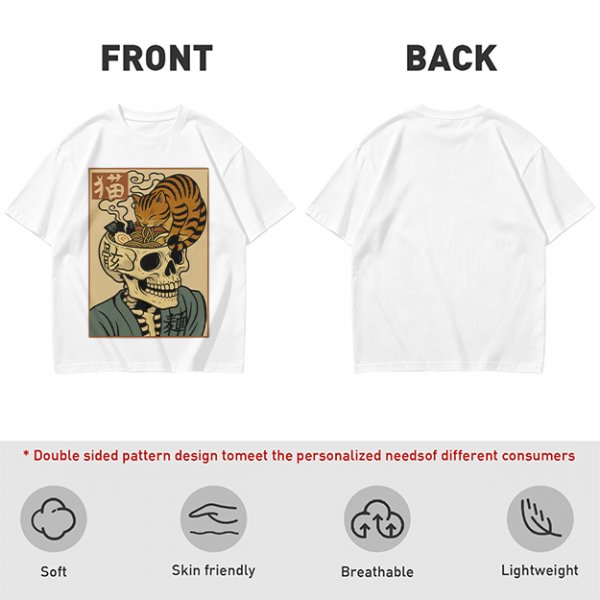 Olive t-shirt with a skull ramen bowl and a napping tabby cat print