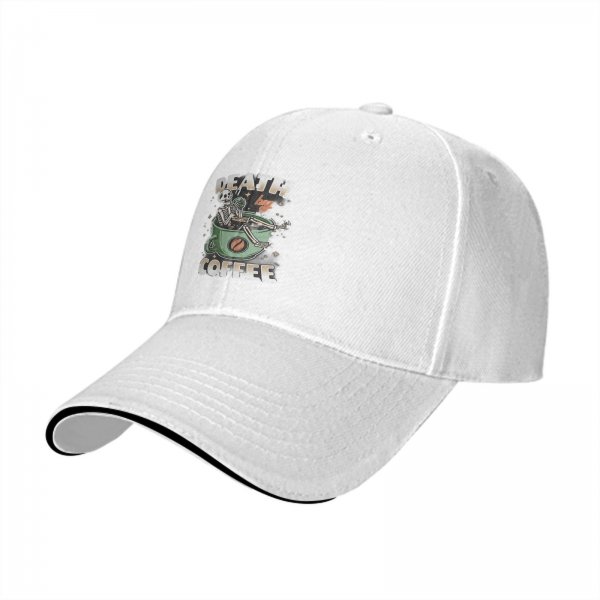 Black Baseball Cap With 'Death By Coffee' Skeleton Graphic