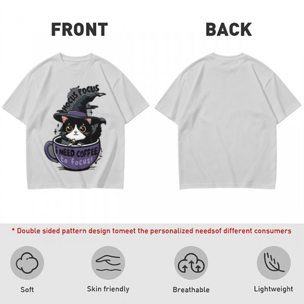 Olive t-shirt with witch cat in coffee cup 'Hocus Pocus I Need Coffee'