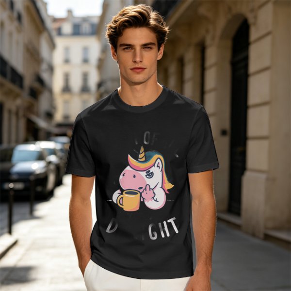 Oversized Olive T-Shirt With Sassy Unicorn Holding Coffee Print