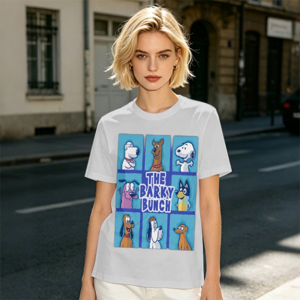 Olive green t-shirt with The Barky Bunch cartoon dog graphic