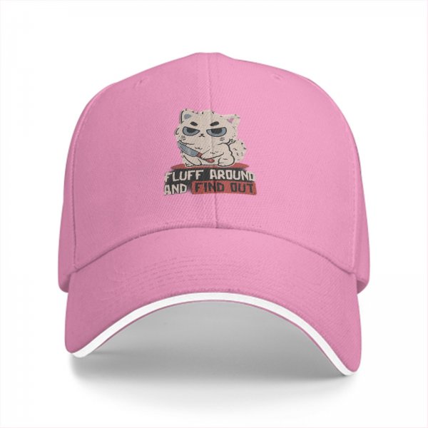 Black baseball cap with grumpy fluffy cat holding knife and 'Fluff Around And Find Out' text