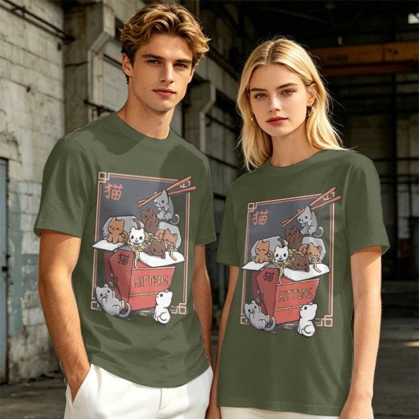 Olive t-shirt with playful kittens in takeout noodle box graphic