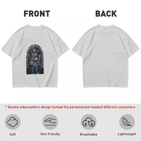 Olive green t-shirt with retro robot monster city attack graphic