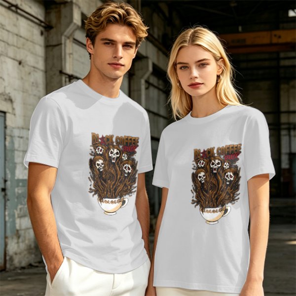 Black Coffee Skull Ghosts Graphic Olive Green T-Shirt