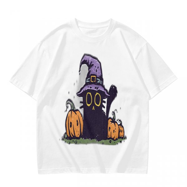 Olive Halloween T-Shirt with Black Cat Witch and Pumpkins