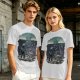 Olive T-shirt with two warriors standing in water holding swords