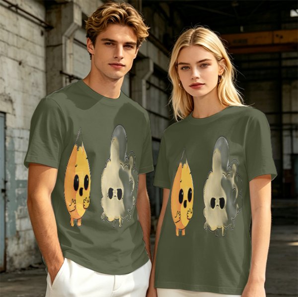Olive T-Shirt With Surprised Flame and Burnt Ghost Character Art