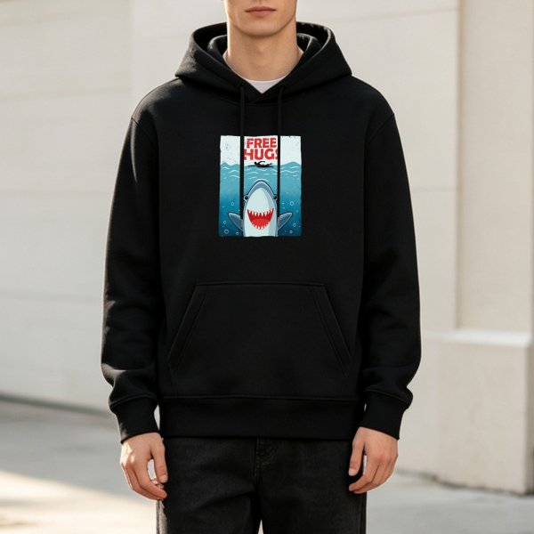 Black Hoodie With Free Hugs Shark Ocean Graphic Print