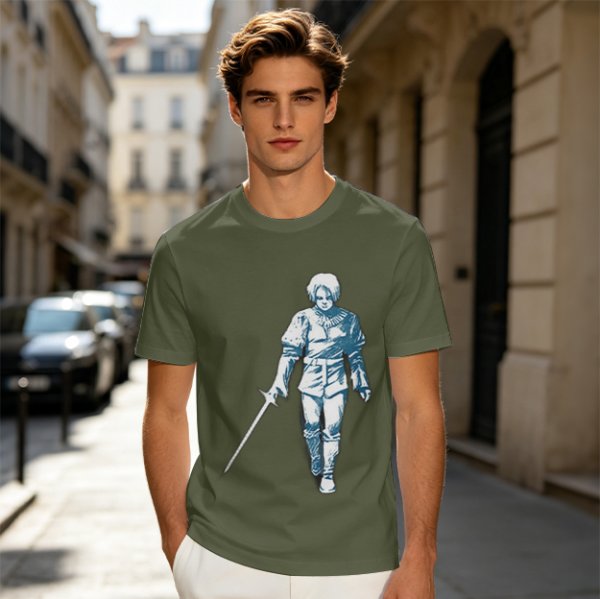 Olive T-shirt with Walking Swordsman Graphic Print