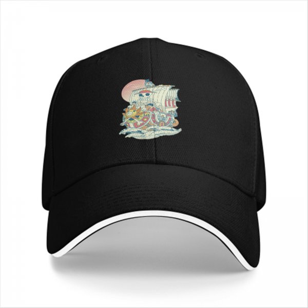Black Baseball Cap with Anime Pirate Ship Graphic Print