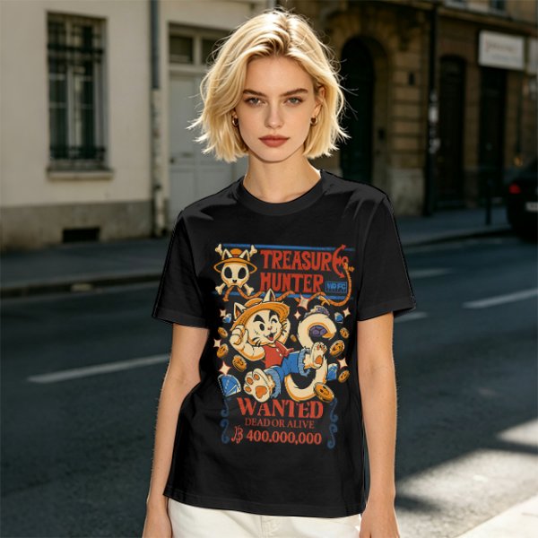 Treasure Hunter Wanted Cat Graphic T-Shirt Design