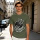 Olive T-shirt with skeleton relaxing in coffee cup graphic