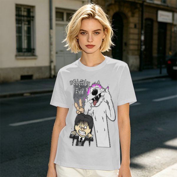 Olive graphic tee with Wednesday and Enid cartoon wolf design