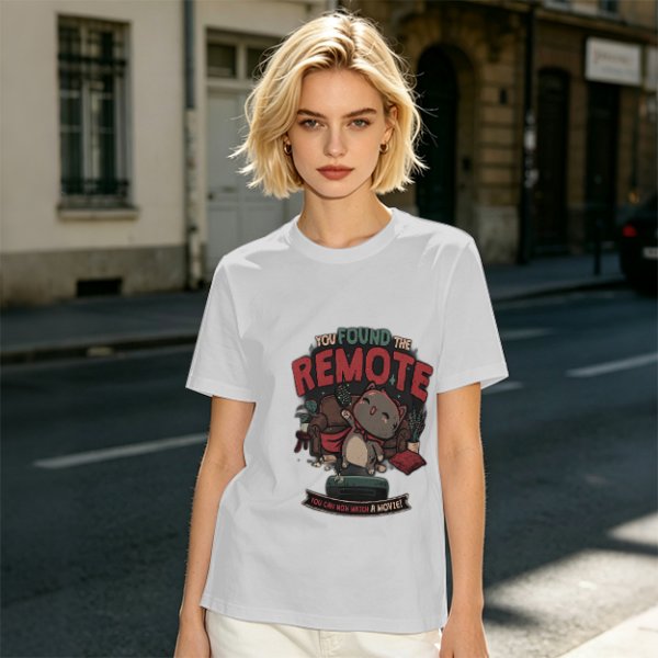 Olive t-shirt with cat graphic and 'You Found The Remote' movie text