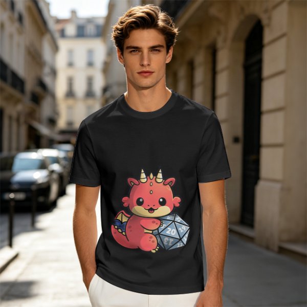 Cute Red Dragon Holding D20 Dice Graphic T-Shirt
