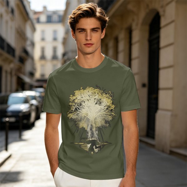Olive Green T-Shirt With Glowing Tree Reflection Art