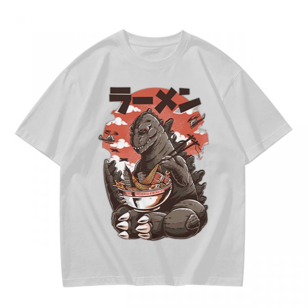 Olive T-shirt with Godzilla eating ramen graphic