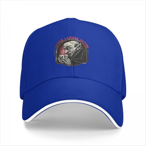 Black baseball cap with vampire drinking coffee 'Coffee Before Coffin' print