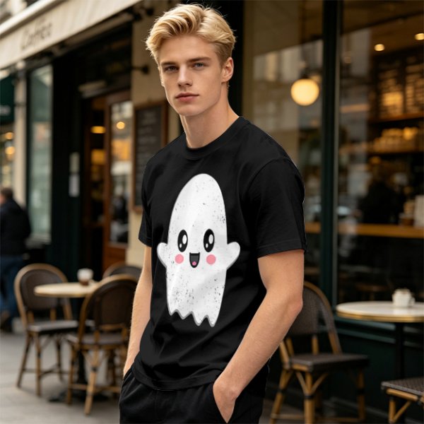 Olive T-shirt with Cute Kawaii Ghost Graphic Print