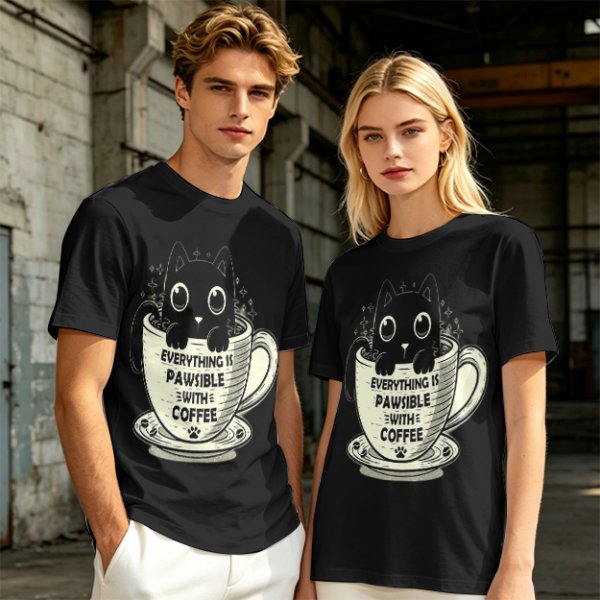 Olive T-Shirt With Black Cat In Coffee Cup 'Everything Is Pawsible With Coffee' Print