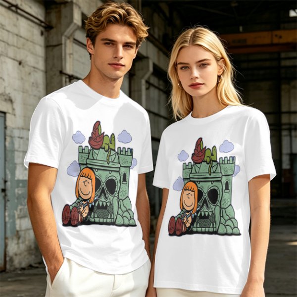 Olive T-shirt with Peanuts-style He-Man Castle Grayskull Graphic