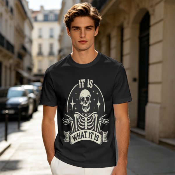Olive t-shirt with skeleton graphic and 'It Is What It Is' text