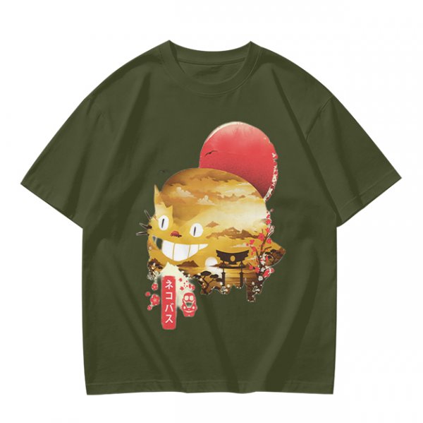 Olive t-shirt with Japanese cat bus and sun graphic