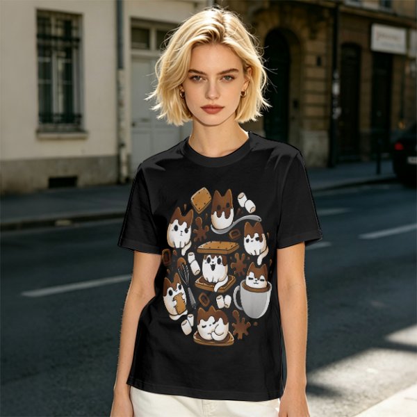 Olive T-Shirt With Cute S'mores Cat Graphic Design