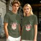 Olive graphic t-shirt with funny cat and 'keeps the a-sad away' text