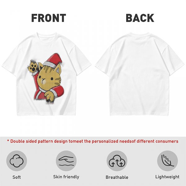Olive Green T-Shirt With Waving Christmas Cat Graphic