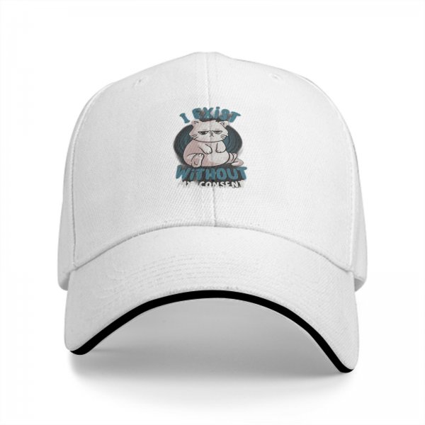 Black baseball cap with 'I Exist Without My Consent' grumpy cat print