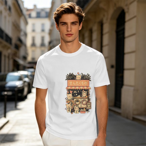 Olive T-Shirt With Cute Cats Doing Laundry Graphic