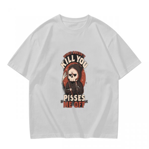Olive t-shirt with grim reaper graphic and provocative text