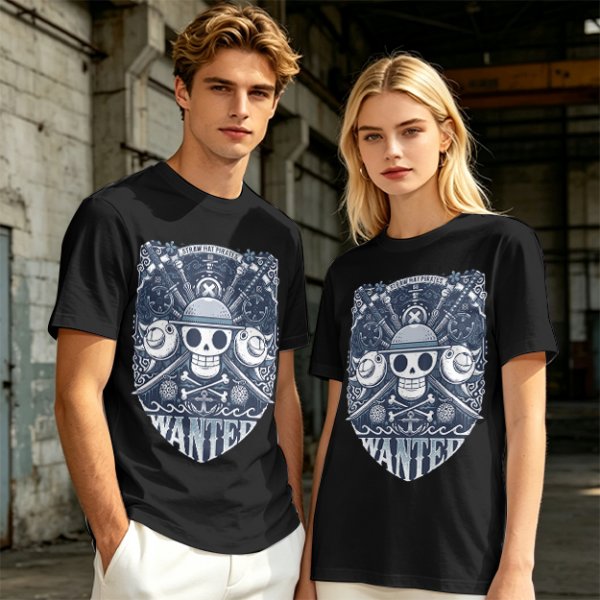 Olive T-shirt with Straw Hat Pirates Wanted Pirate Emblem Print