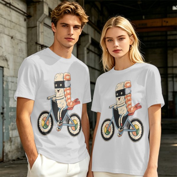Olive T-Shirt With Sushi Ninja Riding Bicycle Print