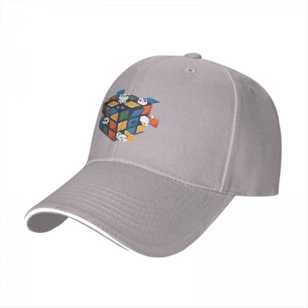 Black baseball cap with playful cats in a Rubik's cube graphic