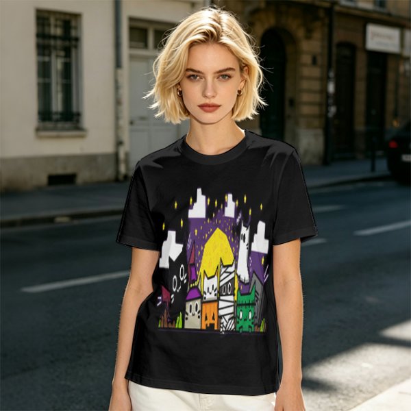 Olive T-Shirt With Halloween Themed Cute Cat Characters Print