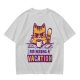 Olive t-shirt with a grumpy cat needing a vacation print