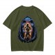 Olive T-Shirt with Muscular Hero Emerging from Hooded Figure Art