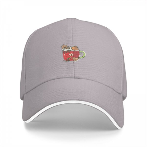 Black baseball cap with festive red mug and treats graphic