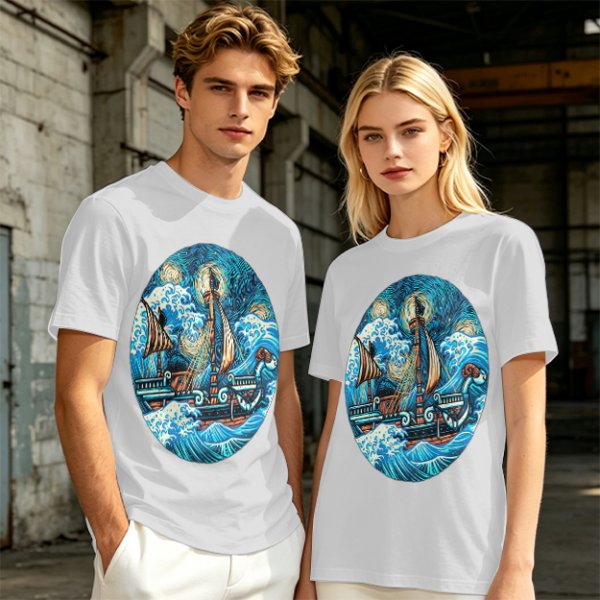 Olive T-Shirt With Starry Night Style Sailing Ship Ocean Art